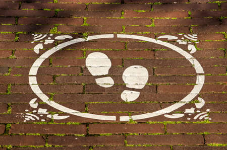 Delft, The Netherlands, June 13, 2020: footsteps drawn on pavement bricks to regulate pedestrian flows as a measure against spreading of covid-19のeditorial素材