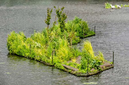 The Hague, The Netherlands, June 27, 2020: small artifiical floating island with lush vegetation in...