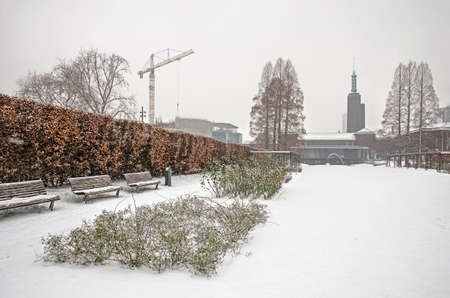 Rotterdam, The Netherlands, January 22, 2019: winter scene in the Rose Garden at Museumpark with in the background the Boymans museum and the Depot under constructionのeditorial素材