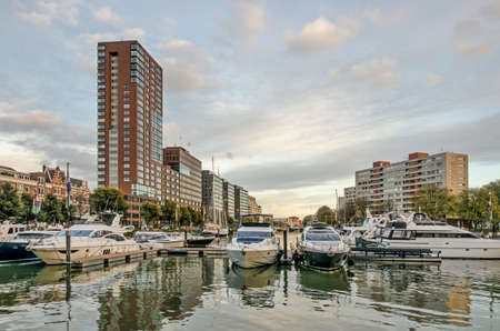 Rotterdam, The Netherlands, November 5, 2020: view of Boerengat canal with a marina for luxury yachts and modern architecture at the quayのeditorial素材