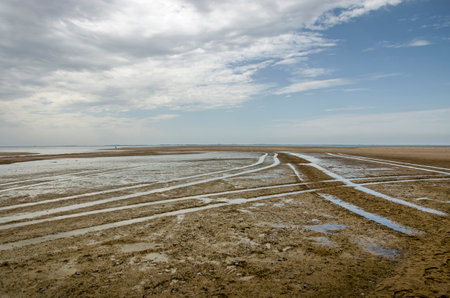 Tracks of heavy vehicles on a sandy beach under a dramatic sky on Maasvlakte in Rotterdam, The...
