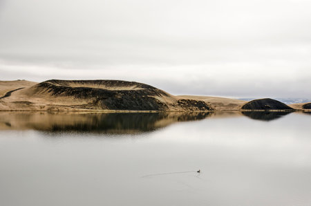 One of the pseudocraters in the Myvatn area in Iceland reflecting in a lake under a cloudy sky