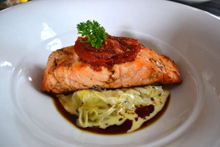 pan fried salmonの写真素材