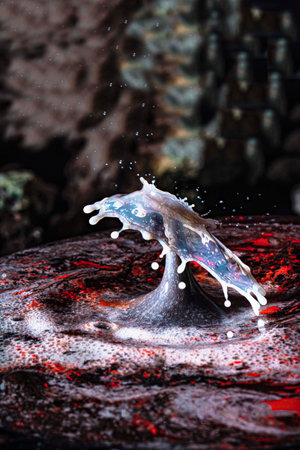 mage of a colored umbrella l formed by the collision of drops of milk when falling on a background...