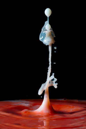 collision of white water drops formed a tall figure when falling colliding on red water photography...
