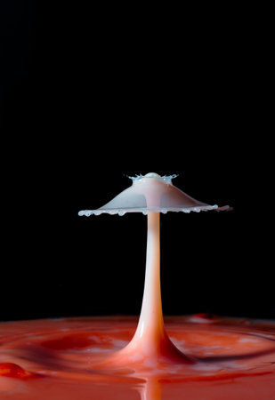 image of collision of milk droplets forming a beautiful tall umbrella figure water droplet...