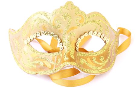 masquerade female golden theatrical mask isolated on a white backgroundの写真素材