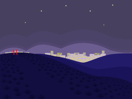 People came to watch the stars above the city. However, the stars are not visible in the sky because the city emits light smog.のイラスト素材