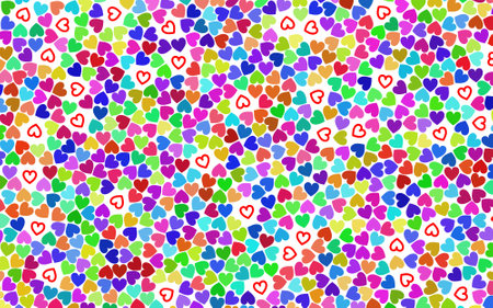 A background of colored hearts, where there are also red, right hearts at random.