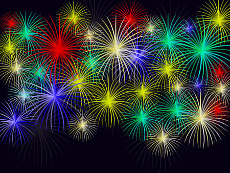 Fireworks background. Colorful fireworks on black background. Vector illustration.のイラスト素材