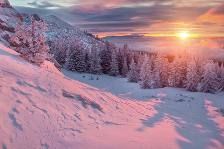 Landscape with purple colors, mountains, forest and snowfield. South Ural, Russiaの写真素材