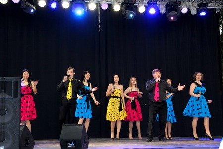 Ufa- FEBRUARY 27: Ensemble performs on stage during Russian Festival at MEGA trading center in February 27, 2014 in Ufa city, Russiaのeditorial素材