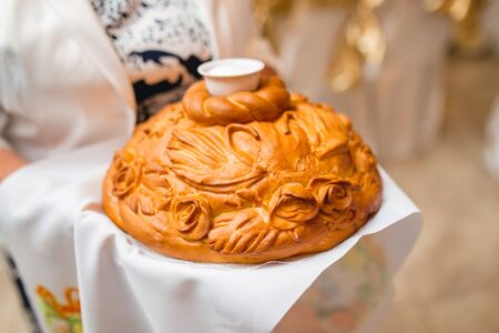 Russian traditional wedding bread with saltの写真素材