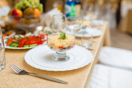 Beautifully decorated table in the restaurantの写真素材