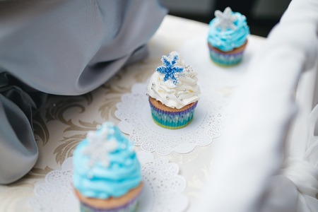 Delicious festive blue wedding cakes on tableの写真素材