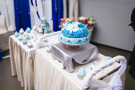 Delicious festive blue wedding cakes on tableの写真素材