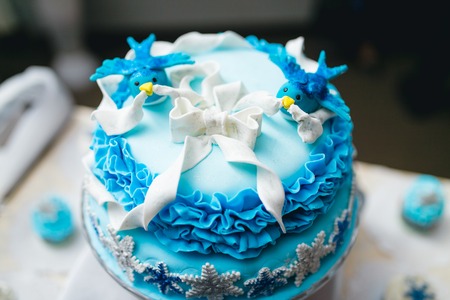 Delicious festive blue wedding cakes on tableの写真素材