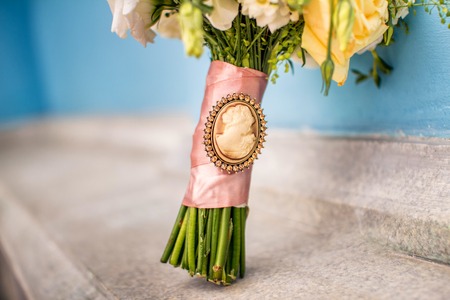 Classy wedding bouquet of colorful flowers outdoors