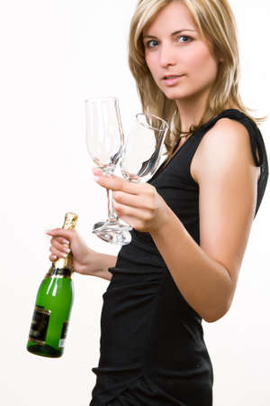 Young woman offering drink - white backgroundの写真素材