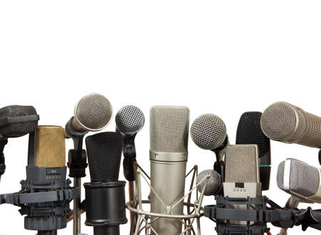 Conference meeting microphones on white backgroundの写真素材