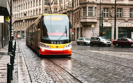 Prague, Czech Republic - December 24, 2016 -Tram public transport on the street. Daily life in the city. Everyday life in Europe.のeditorial素材