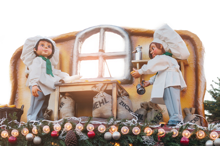 Dresden, Germany, December 19, 2016: Celebrating Christmas in Europe. Traditional decorations of roofs of shops on the Christmas market in Dresden. Toys.のeditorial素材
