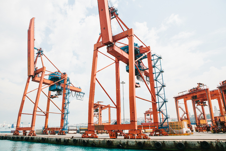 Industrial dock with loading and unloading of sea transport on the Bosporus in Istanbul, Turkey. Transportation, storage, business.の写真素材
