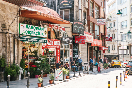 Istanbul, June 15, 2017: Shopping district with various shops. Sultanahmet districtのeditorial素材