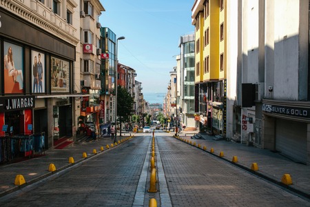 Istanbul, June 11, 2017: Pespective view down the road on passage street with no traffic in Aksaray, Fatih.のeditorial素材