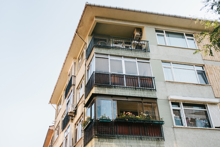 Residential building in Istanbul with balconies. Turkey. Ordinary peoples life. Authentic.の写真素材