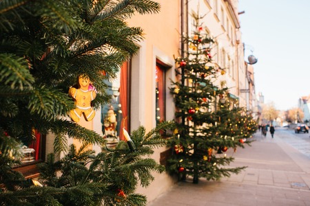 Decorated Christmas trees on the street in Rothenburg ob der Tauber in Germany. Selective focus on a Christmas toy on a branch. Celebration. New Years decor.の写真素材