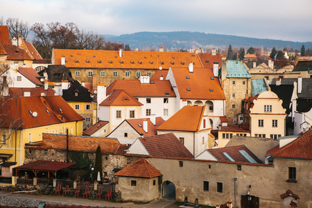 Beautiful street in the town of Cesky Krumlov in the Czech Republic. One of the most beautiful unusual small cities in the world.の写真素材