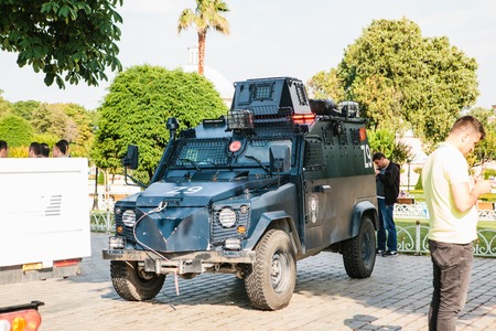 Istanbul, July 15, 2017: Military vehicle in Sultanahmet Square in Istanbul. Strengthening of security measures during the high tourist season. Protection of the population against crime.のeditorial素材
