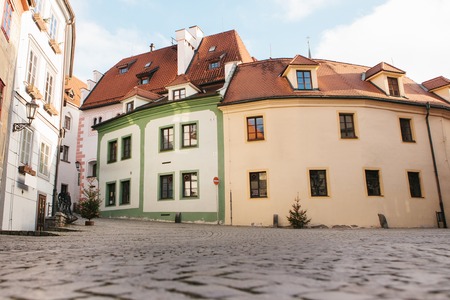 Beautiful street in the Christmas holidays in the city of Cesky Krumlov in the Czech Republic. One of the most beautiful unusual cities in the world.の写真素材