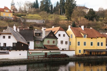 Beautiful street next to the river in Cesky Krumlov in the Czech Republic. One of the most beautiful unusual cities in the world.の写真素材