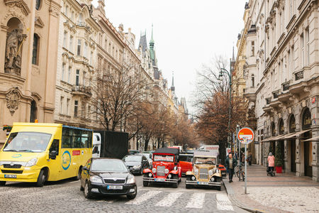 Prague, Czech Republic, December 24, 2016: Retro cars are next to the main square of the city for the entertainment of tourists during the Christmas holidays.のeditorial素材