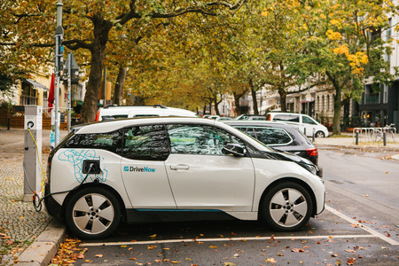 Berlin, October 2, 2017: The electric car is being charged at a special place for charging electric...