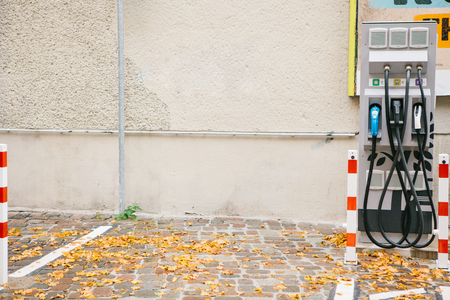 Berlin, October 1, 2017: A special place for charging electric vehicles. A modern and eco-friendly mode of transport that has become widespread in Europe. Parking place.のeditorial素材