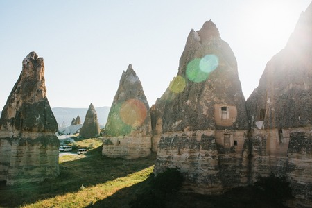Beautiful view of the hills of Cappadocia. One of the sights of Turkey. Tourism, travel, nature.