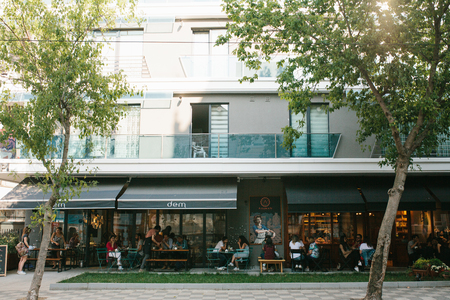 Istanbul, June 14, 2017: A popular street cafe in the Asian part of Istanbul in the Kadikoy district. Turkey. Lifestyle, leisure, communication of people, meeting friends.のeditorial素材