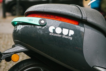Berlin, October 1, 2017: A popular vehicle in Berlin and Paris is an electric scooter called e scooter activated through a mobile phone application.のeditorial素材