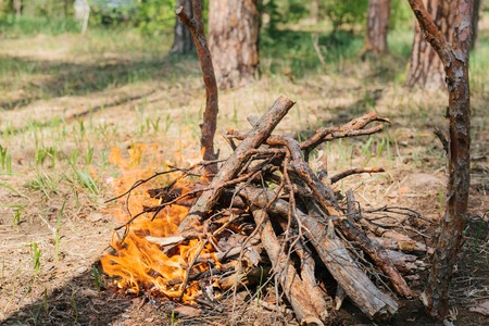 Bonfire next to the tourist camp. Journey into the wild concept.の写真素材