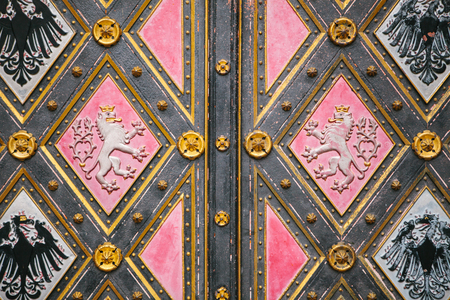A beautiful antique door to the Catholic cathedral located in the High City called Vysehrad in...