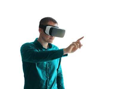 The man with glasses of virtual reality. Future technology concept. Modern imaging technologyの写真素材