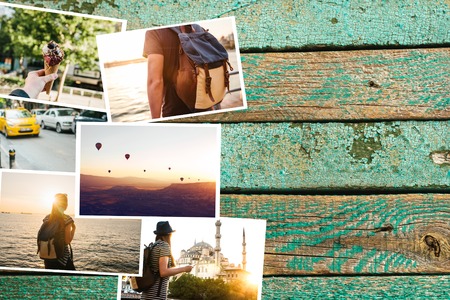A lot of pictures on the wooden surface. Travel memories of Turkey including Istanbul and Cappadocia. Next to the photos is a place for textの写真素材