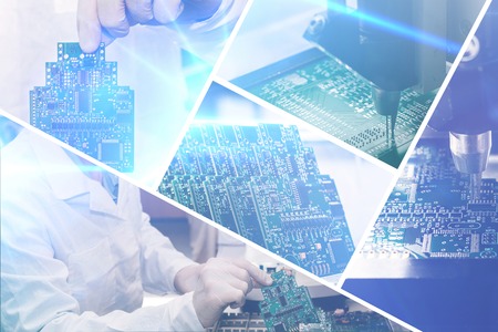 Collage of computer boards with visual effects in a futuristic style. The concept of modern and future technologiesの写真素材