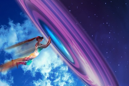 A girl in virtual reality glasses dreams that she is flying. Concept of modern technologies and technologies of the futureの写真素材