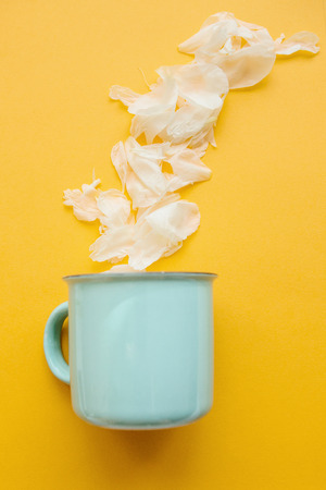 Creative idea. A mug from which white petals flew out like steam from a hot drink in the winterの写真素材