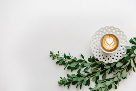 A cup of fresh fragrant cappuccino coffee next to the branches of the plant. Minimalistic design.の写真素材