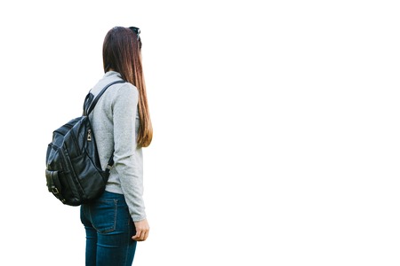 Girl or teenager with backpack isolated on white background.